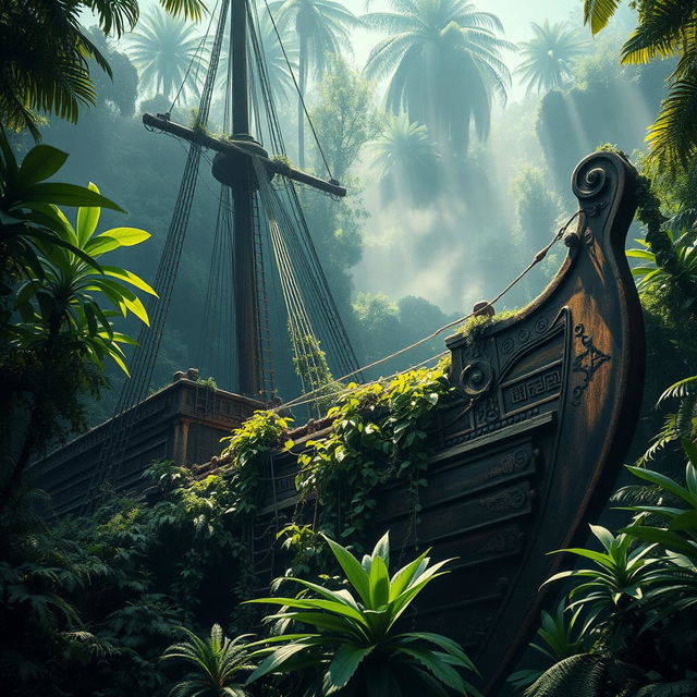 A breathtaking scene featuring an ancient warship, partially concealed by the lush greenery of a mysterious jungle