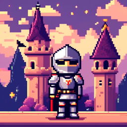 Pixel art profile picture of a knight in a full suit of armor, standing against a castle backdrop under a starry twilight sky