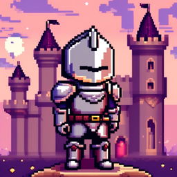 Pixel art profile picture of a knight in a full suit of armor, standing against a castle backdrop under a starry twilight sky