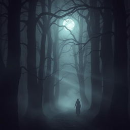 A chilling scene set in The Whispering Woods, where towering, ancient trees loom ominously over a narrow, winding path
