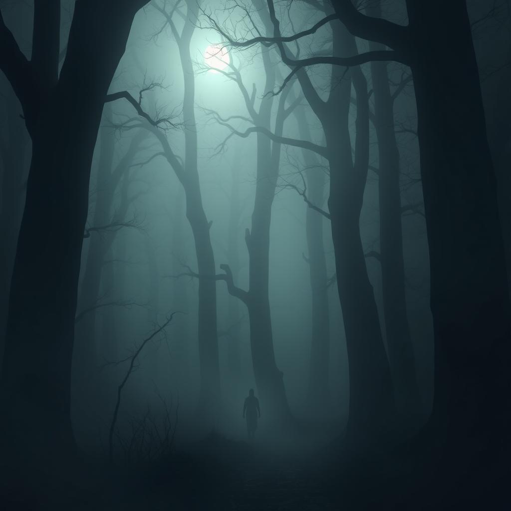 A chilling scene set in The Whispering Woods, where towering, ancient trees loom ominously over a narrow, winding path