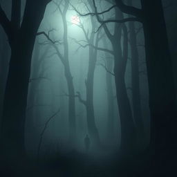 A chilling scene set in The Whispering Woods, where towering, ancient trees loom ominously over a narrow, winding path