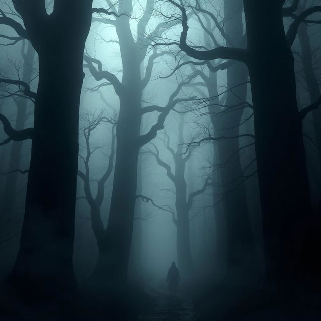 A chilling scene set in The Whispering Woods, where towering, ancient trees loom ominously over a narrow, winding path