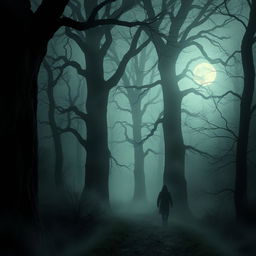 A chilling scene set in The Whispering Woods, where towering, ancient trees loom ominously over a narrow, winding path