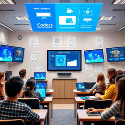 A visually engaging educational scene that showcases the basic concepts of video coding technology