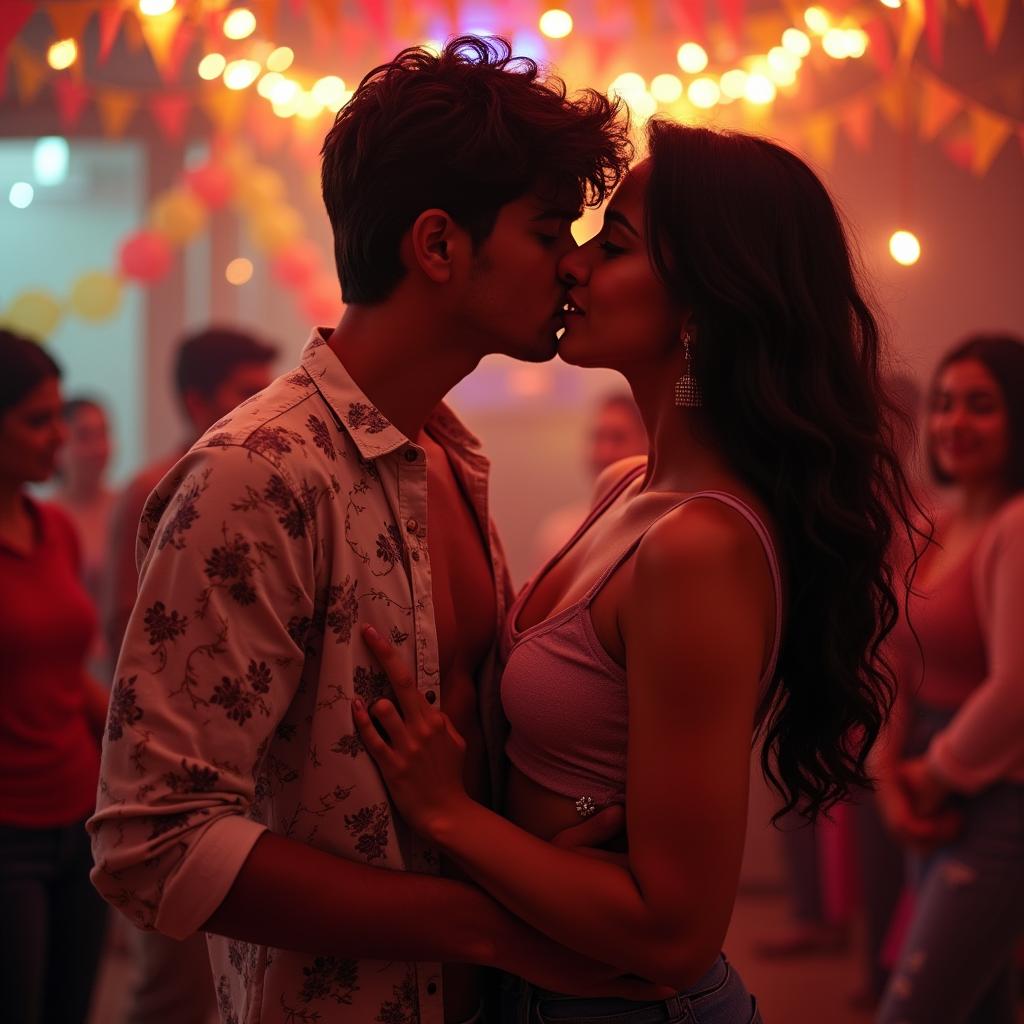 A sensual college girl resembling Nushrat Bharucha, depicted in a lively and intimate house party scene