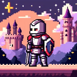 Pixel art profile picture of a knight in a full suit of armor, standing against a castle backdrop under a starry twilight sky