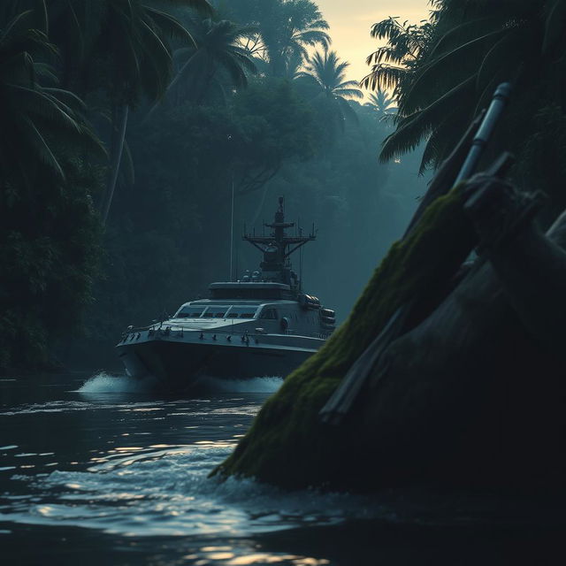 A warship navigates stealthily through a dark, dense jungle river, surrounded by towering trees and lush foliage