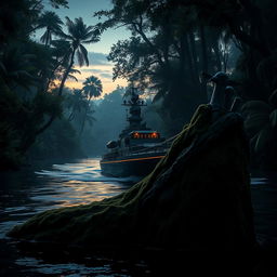 A warship navigates stealthily through a dark, dense jungle river, surrounded by towering trees and lush foliage