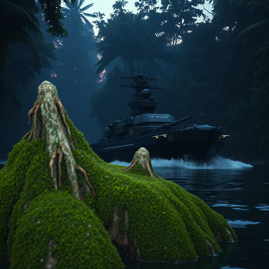 A warship navigates stealthily through a dark, dense jungle river, surrounded by towering trees and lush foliage