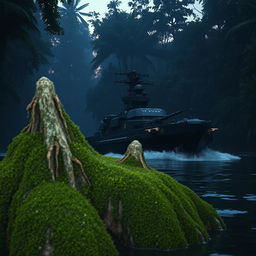 A warship navigates stealthily through a dark, dense jungle river, surrounded by towering trees and lush foliage