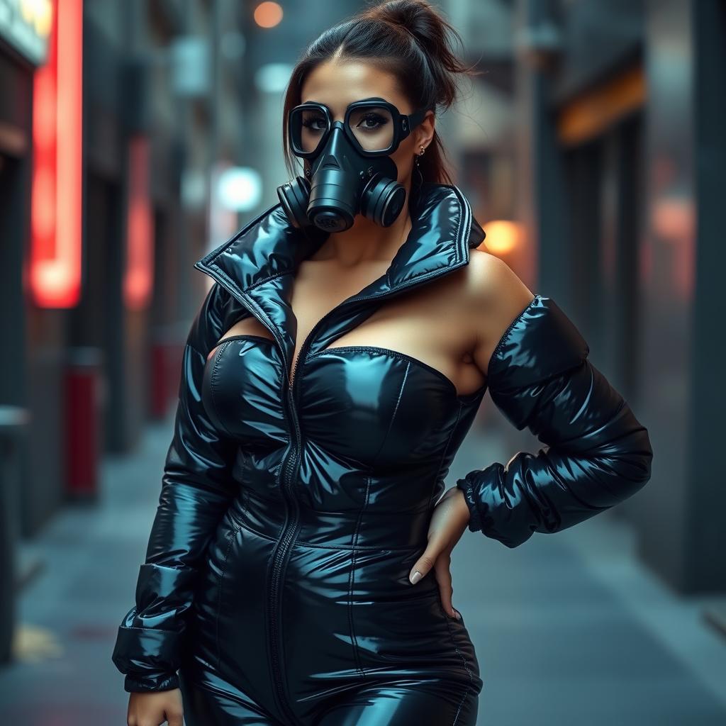 A stunning woman dressed in a tight, shiny black heavy puffer suit that accentuates her curvy figure and ample bust