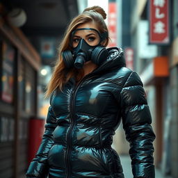 A stunning woman dressed in a tight, shiny black heavy puffer suit that accentuates her curvy figure and ample bust