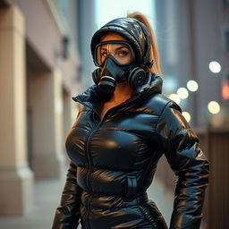 A hot woman wearing a form-fitting, shiny black heavy puffer suit that accentuates her voluptuous figure and large bust