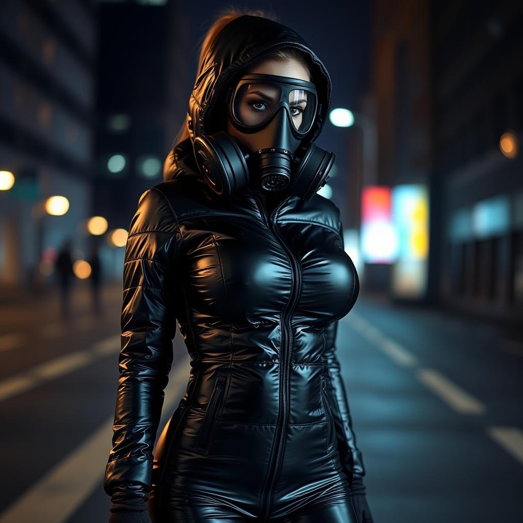 A hot woman wearing a form-fitting, shiny black heavy puffer suit that accentuates her voluptuous figure and large bust