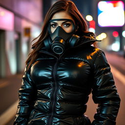 A hot woman wearing a form-fitting, shiny black heavy puffer suit that accentuates her voluptuous figure and large bust