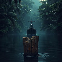 A warship navigating a dark jungle river, positioned behind a sturdy, weathered wooden stake partially submerged in water