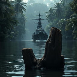 A warship navigating a dark jungle river, positioned behind a sturdy, weathered wooden stake partially submerged in water