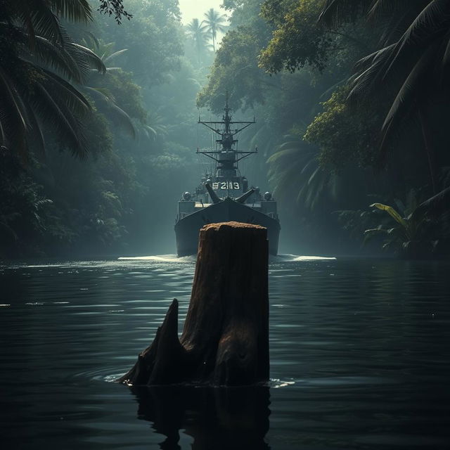 A warship navigating a dark jungle river, positioned behind a sturdy, weathered wooden stake partially submerged in water