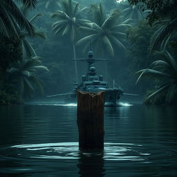 A warship navigating a dark jungle river, positioned behind a sturdy, weathered wooden stake partially submerged in water