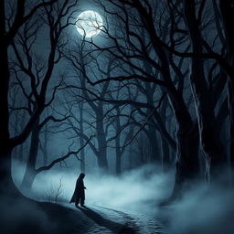 An eerie scene set in The Whispering Woods, where towering, gnarled trees stretch towards a starless sky, their branches intertwining like skeletal fingers