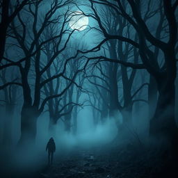 An eerie scene set in The Whispering Woods, where towering, gnarled trees stretch towards a starless sky, their branches intertwining like skeletal fingers