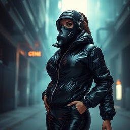 A gorgeous woman in a tight, shiny black heavy puffer suit that perfectly highlights her voluptuous figure and large bust
