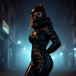 A gorgeous woman in a tight, shiny black heavy puffer suit that perfectly highlights her voluptuous figure and large bust