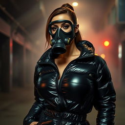 A gorgeous woman in a tight, shiny black heavy puffer suit that perfectly highlights her voluptuous figure and large bust