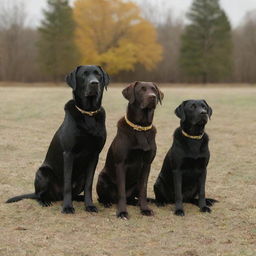 Scene from a movie featuring three Labrador dogs, one with a shiny black coat, one with a rich brown coat, and one with a golden yellow coat