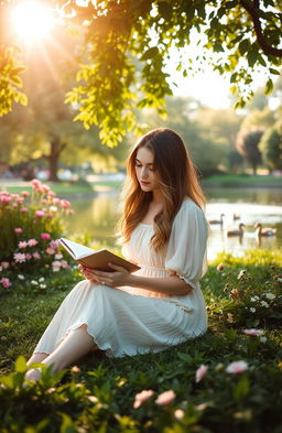 A thoughtful young woman sitting in a serene park, surrounded by lush greenery and blooming flowers, gazing at a journal in her hands
