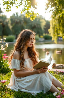A thoughtful young woman sitting in a serene park, surrounded by lush greenery and blooming flowers, gazing at a journal in her hands