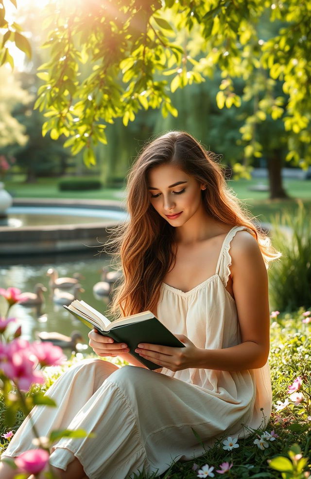 A thoughtful young woman sitting in a serene park, surrounded by lush greenery and blooming flowers, gazing at a journal in her hands