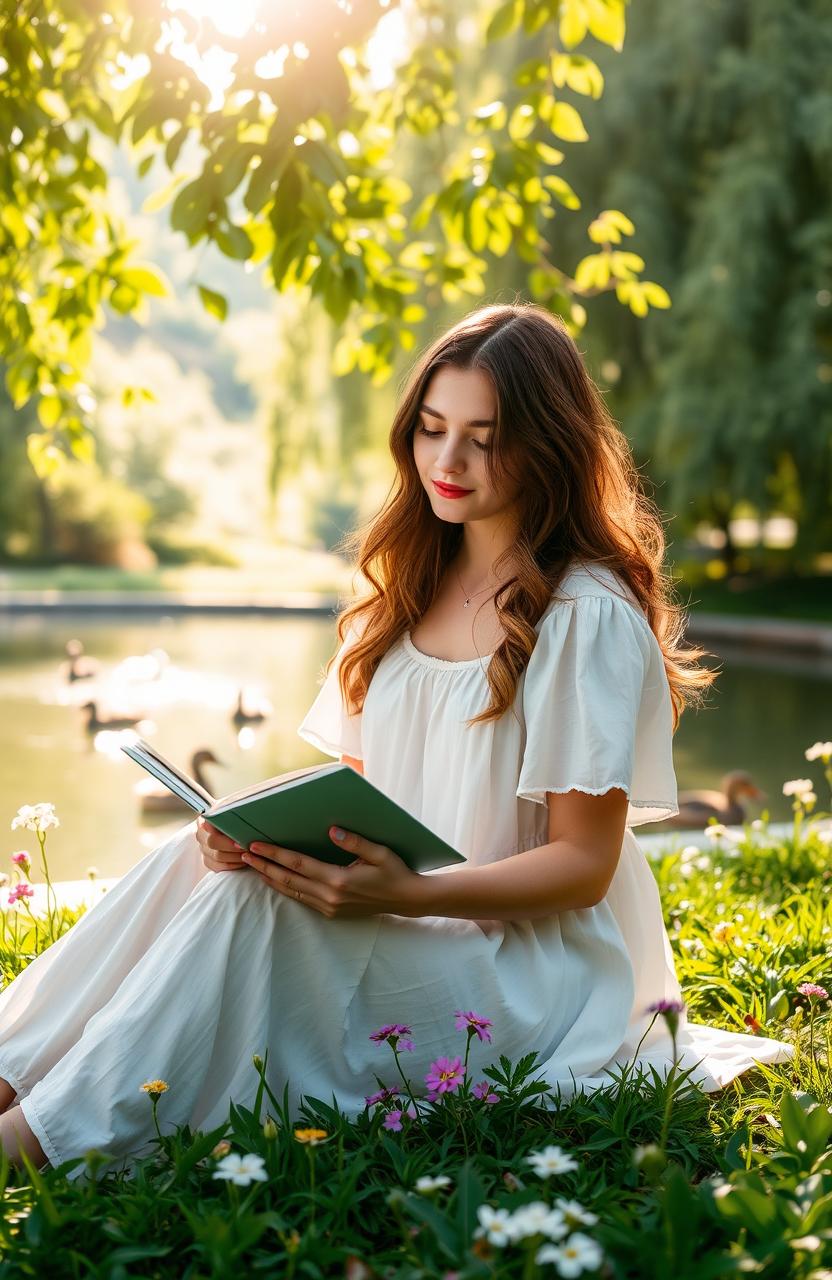 A thoughtful young woman sitting in a serene park, surrounded by lush greenery and blooming flowers, gazing at a journal in her hands