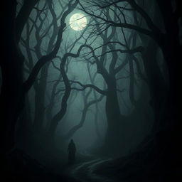 An eerie and chilling scene from The Whispering Woods, depicting a twisted forest filled with towering, ancient trees that seem to close in on a narrow, winding path