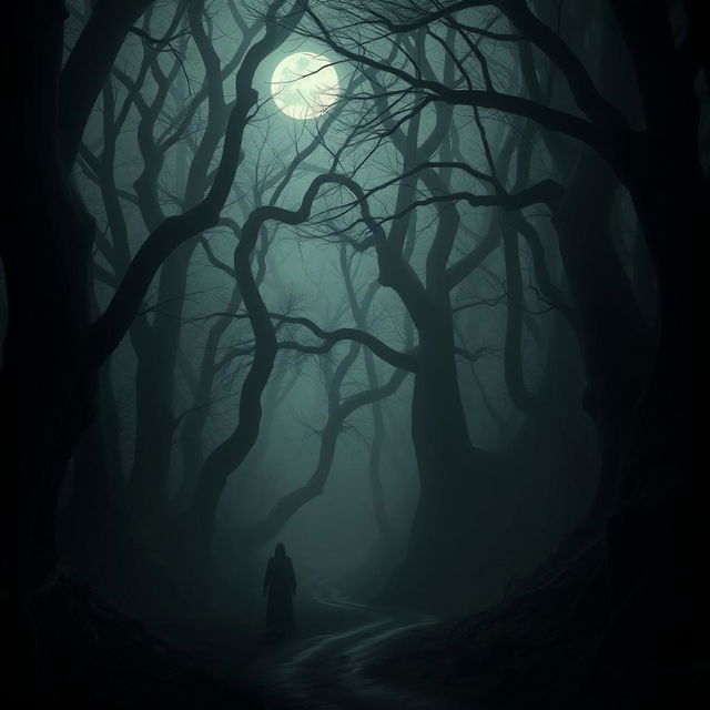 An eerie and chilling scene from The Whispering Woods, depicting a twisted forest filled with towering, ancient trees that seem to close in on a narrow, winding path