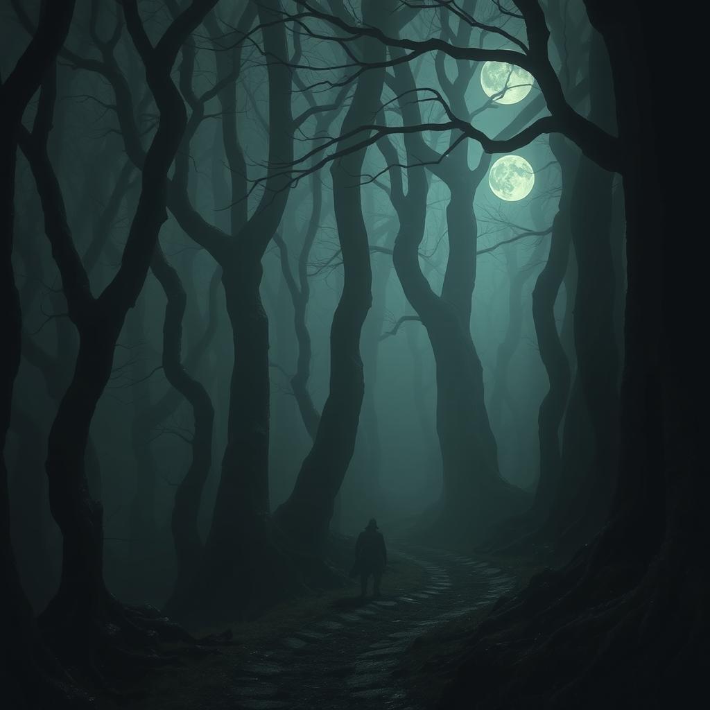 An eerie and chilling scene from The Whispering Woods, depicting a twisted forest filled with towering, ancient trees that seem to close in on a narrow, winding path