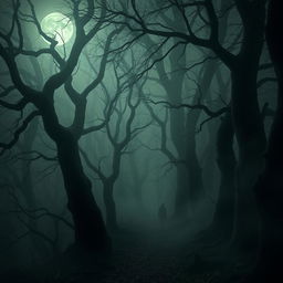 An eerie and chilling scene from The Whispering Woods, depicting a twisted forest filled with towering, ancient trees that seem to close in on a narrow, winding path