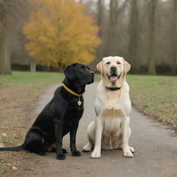 Scene from a movie featuring three Labrador dogs, one with a shiny black coat, one with a rich brown coat, and one with a golden yellow coat