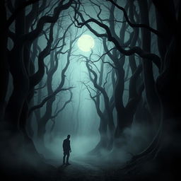 An eerie and chilling scene from The Whispering Woods, depicting a twisted forest filled with towering, ancient trees that seem to close in on a narrow, winding path