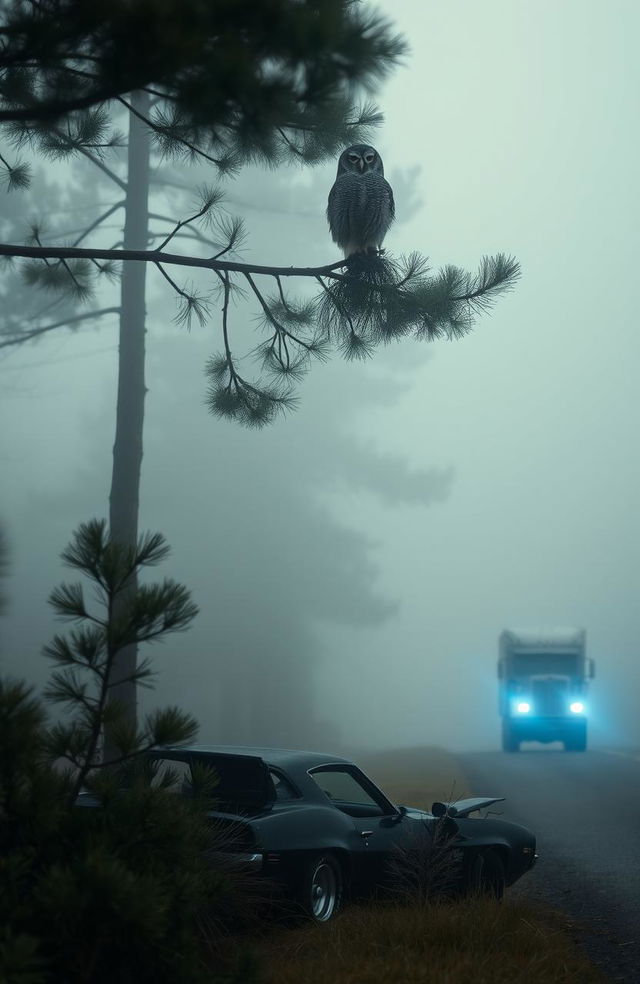 An owl perched in the tall branches of a pine tree, overlooking a foggy road