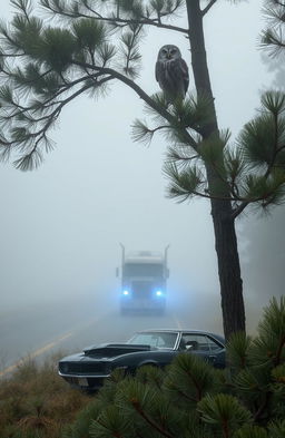 An owl perched in the tall branches of a pine tree, overlooking a foggy road