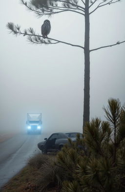 An owl perched in the tall branches of a pine tree, overlooking a foggy road