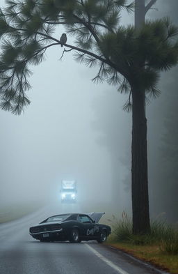 An owl perched in the tall branches of a pine tree, overlooking a foggy road