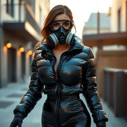A hot girl in a fitted, shiny black heavy puffer suit that accentuates her big bust and curvaceous figure