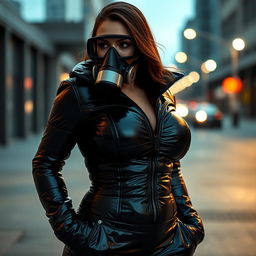 A hot girl in a fitted, shiny black heavy puffer suit that accentuates her big bust and curvaceous figure