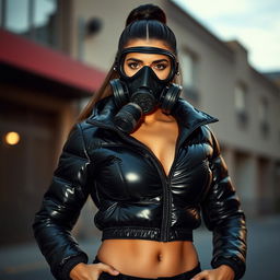 A hot girl in a fitted, shiny black heavy puffer suit that accentuates her big bust and curvaceous figure