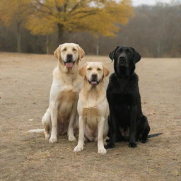 Scene from a movie featuring three Labrador dogs, one with a shiny black coat, one with a rich brown coat, and one with a golden yellow coat