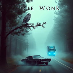A book cover featuring an owl perched in the tall branches of a pine tree, gazing down at a foggy road