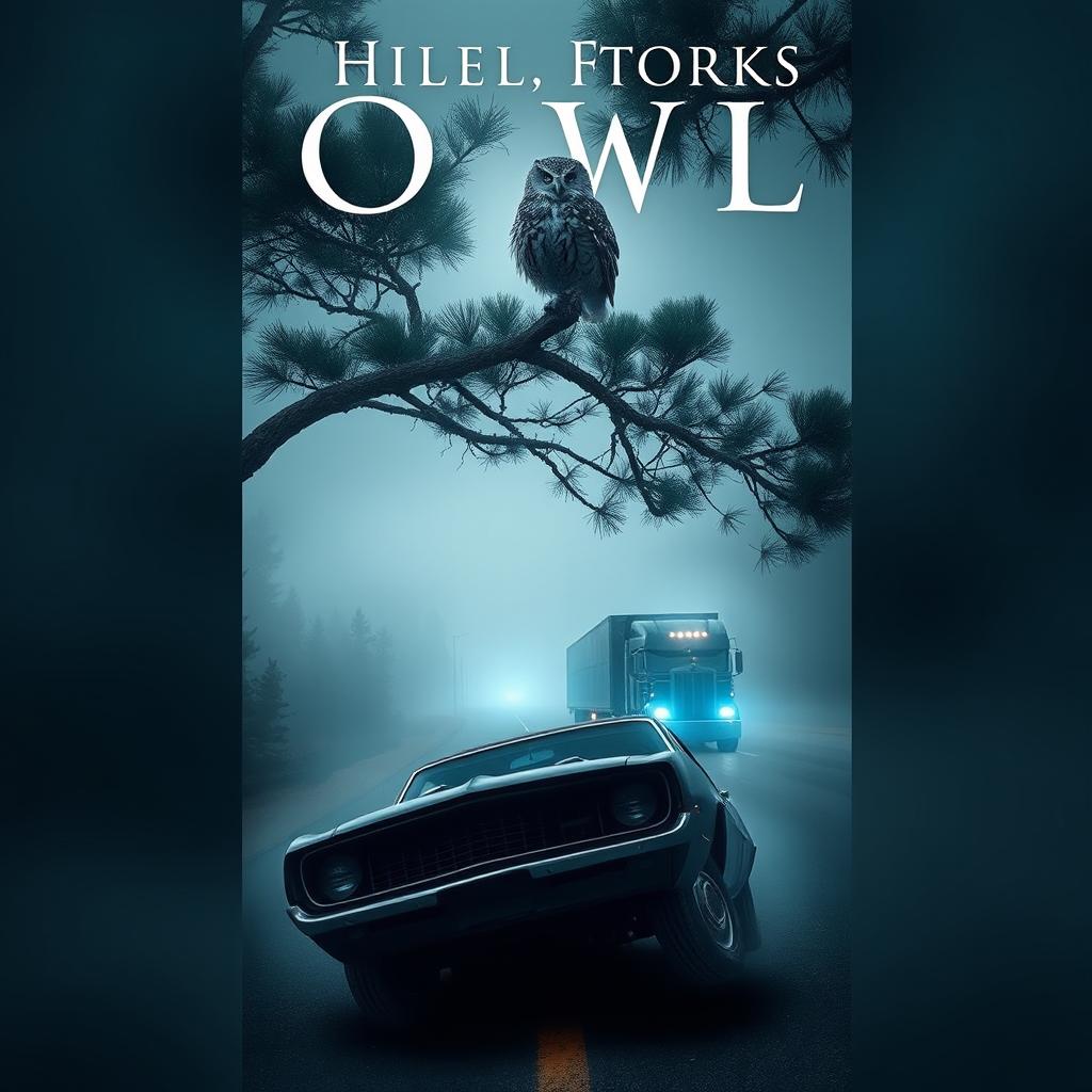 A book cover featuring an owl perched in the tall branches of a pine tree, gazing down at a foggy road